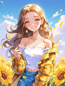 穿黄色格子衫在向日葵园中的长发卡通女青年图片