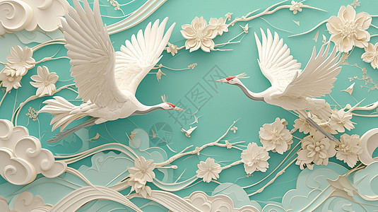 两只美丽的卡通仙鹤飞在空中立体卡通浮雕图片
