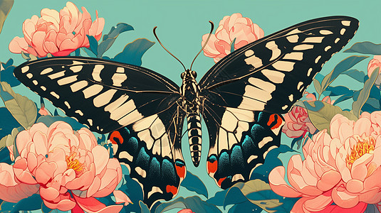 粉色花丛中一只美丽的卡通蝴蝶图片