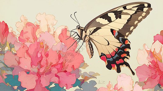 盛开的粉花丛中一只美丽的卡通蝴蝶图片