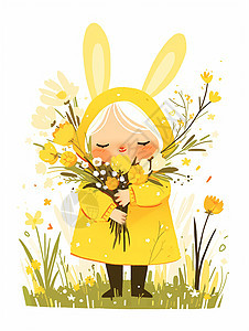 黄色连衣裙戴着兔耳朵帽子抱着花朵的卡通小女孩图片