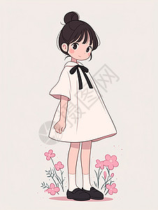 白色连衣裙领口系着黑色蝴蝶结乖巧可爱的卡通小女孩图片