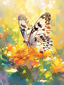 一朵美丽的盛开的橙色花朵上落着一只漂亮的卡通花蝴蝶图片