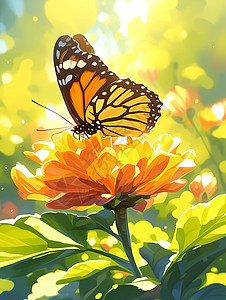 美丽的盛开的橙色花朵上落着一只漂亮的卡通花蝴蝶图片