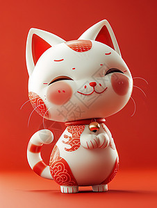 红色招财猫3D风格图片