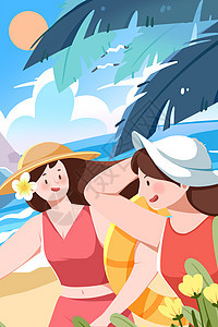 夏天海边游泳主题夏至小暑节日节气扁平风插画竖版插画图片