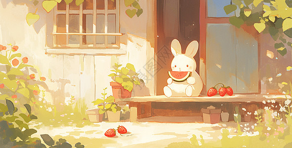 夏天在屋前开心吃西瓜的卡通小白兔图片