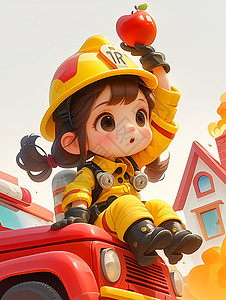 在红色消防车上可爱的卡通女消防员图片