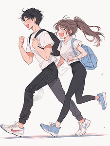 背着书包开心奔跑上学的卡通男孩女孩图片