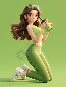 穿着绿色运动套装手拿珍珠奶茶的卡通女孩图片