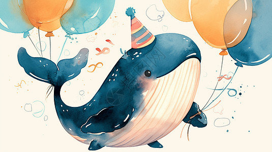 戴着生日帽手拿气球的可爱卡通鲸鱼图片