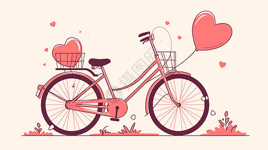 红色简约可爱的卡通自行车载着红色爱心图片
