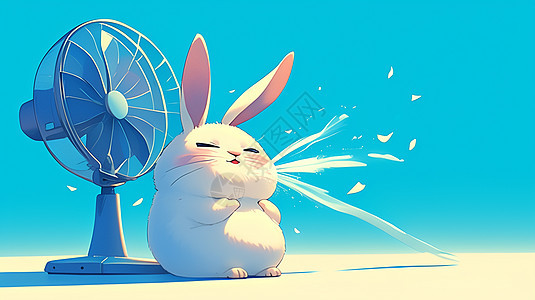 夏天安静吹电风扇的卡通小白兔图片