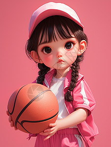 穿粉色运动套装的戴着棒球帽的卡通女孩抱着篮球图片