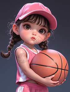 穿着粉色运动套装的戴棒球帽的卡通女孩抱着篮球图片