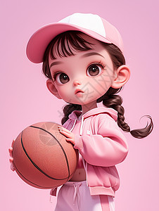 穿粉色运动套装的戴棒球帽的卡通女孩抱着篮球图片