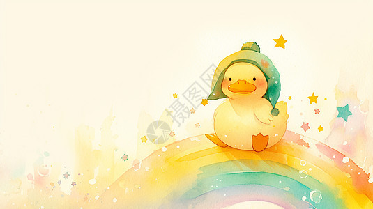 彩虹上一只围着绿色头巾的可爱卡通小鸭子图片