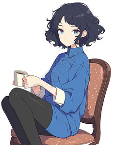 穿蓝色连衣裙坐在椅子上喝茶的卡通女孩图片
