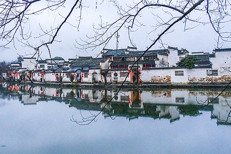 水边建筑安徽宏村风光背景