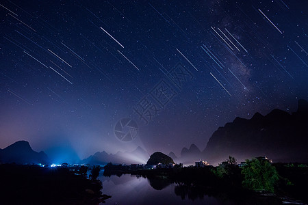 星空物语山与水上的流星雨背景