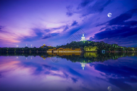 城市圆月湖面夜景背景背景图片