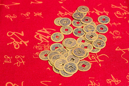 中国风清代铜钱平铺拍摄图片