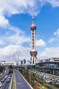武汉地标建筑蓝天白云东方明珠电视塔背景
