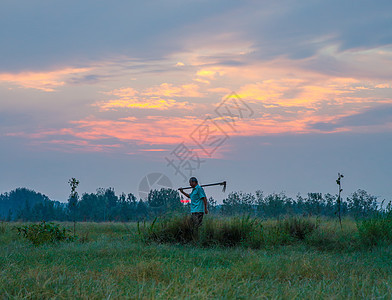 清晨日出农民在地里开荒种植劳作图片