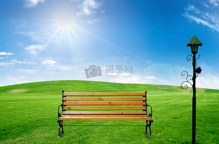 创意背景 背景素材 草地上的椅子和路灯.