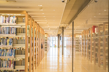 图书馆整齐摆列的书架图片