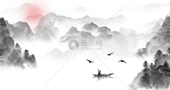 中国风夕阳渔船图片