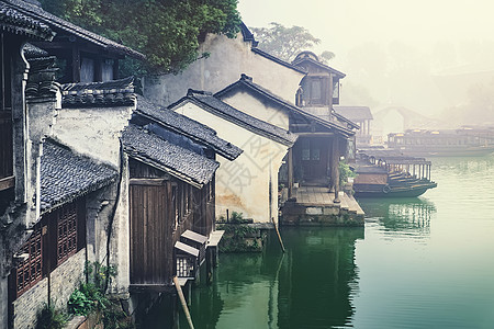 江南山水清晨江南水乡乌镇背景