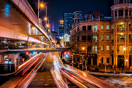 上海城市夜景车流背景图片
