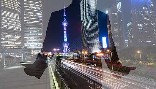 商务概念 夜色下的人物城市剪影背景图片