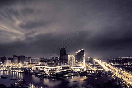 宁波东部新城魔幻的云下的城市夜景背景