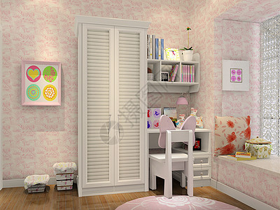 房子卡通粉嫩色的儿童房效果图背景