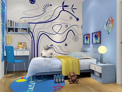 卧室3d效果图温馨的儿童房效果图背景