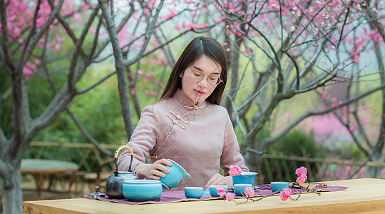 女子在梅花树下泡茶高清图片