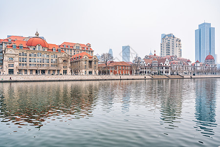 雾霾城市天津海河沿岸风景背景