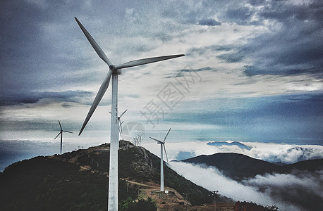 发电机组高山上的风能电力发电风车背景