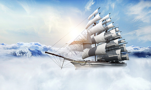船简约视觉设计船飞行在深山云层上迎接日出设计图片