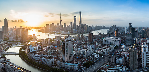 日出东方上海黄浦江外滩陆家嘴日出全景图背景