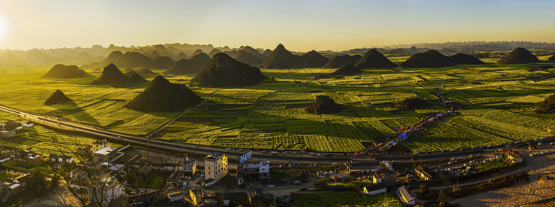 日落村庄丘陵平原村庄风光背景