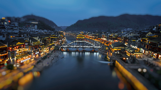 湘西古镇凤凰古城移轴夜景背景