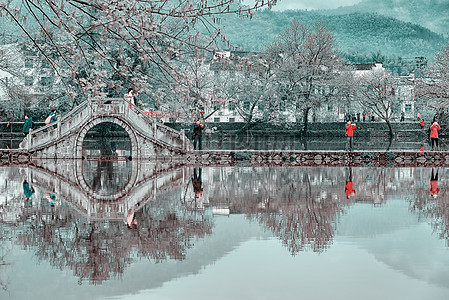 宏村南湖古桥倒影背景图片