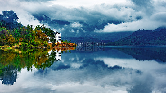 奇墅湖水库湖泊湿地晨雾背景