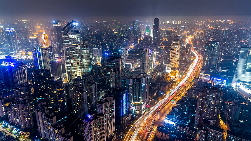 现代都市航拍城市夜景高清图片下载-正版图片-摄