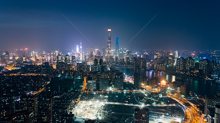 现代都市航拍城市夜景高清图片下载-正版图片-摄