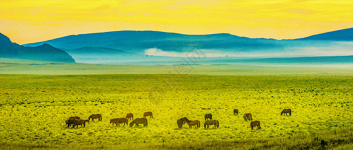 动物壁画草原牧马背景