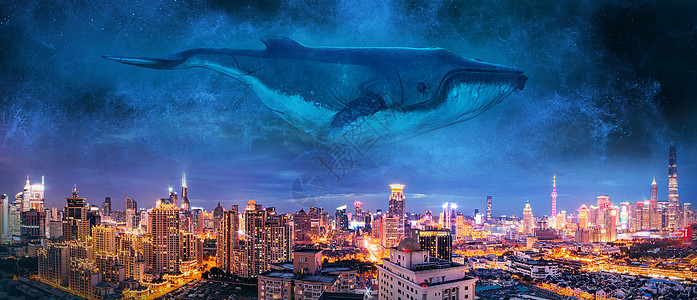 天空中鲸鱼城市深蓝天高清图片
